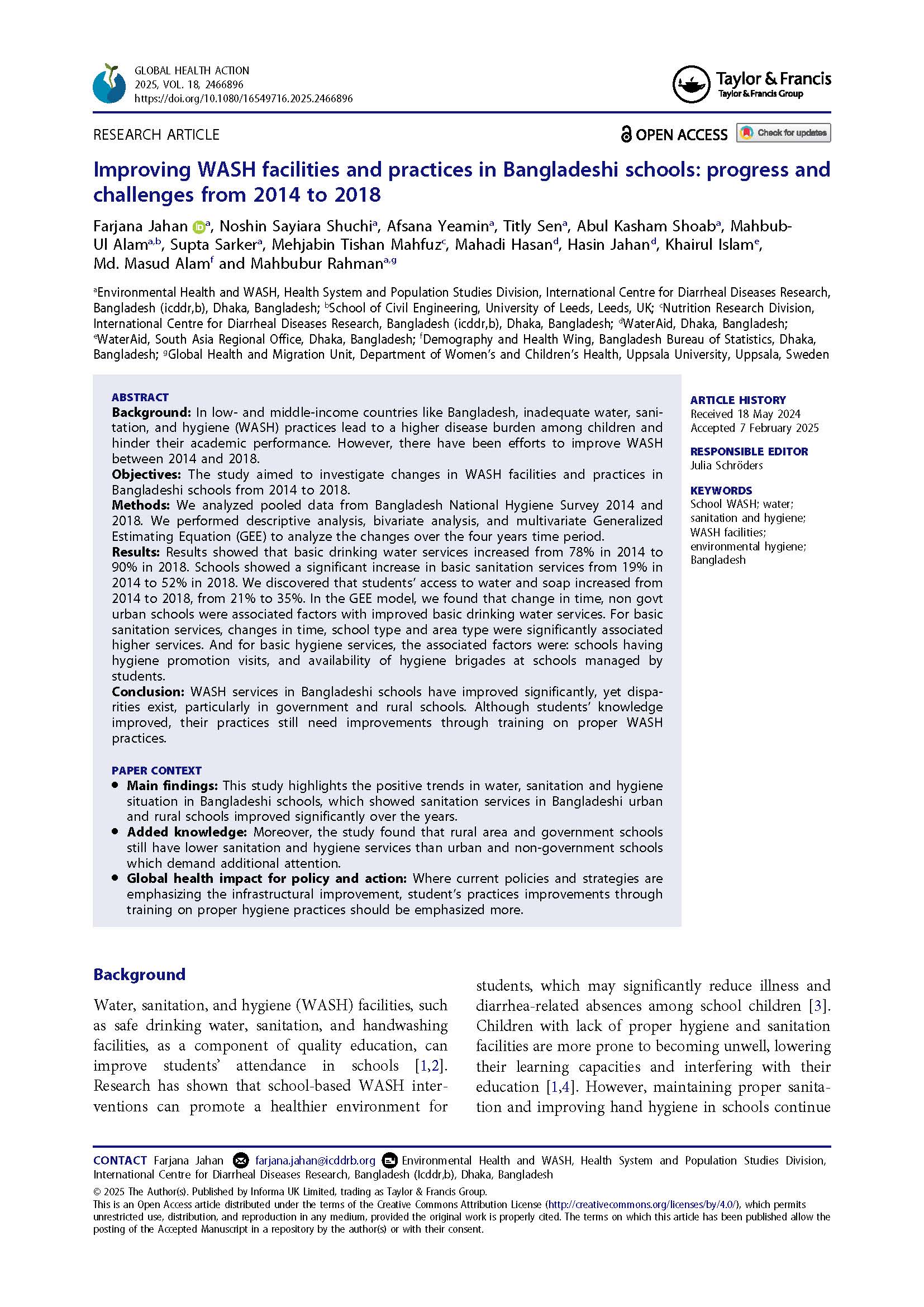 Improving WASH facilities and practices in Bangladeshi schools: progress and challenges from 2014 to 2018