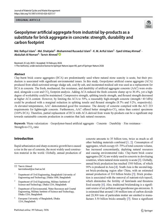 Geopolymer artificial aggregate from industrial by-products as a substitute for brick aggregate in concrete: strength, durability and carbon footprint