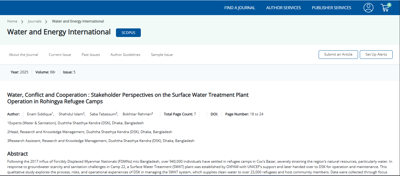 Water, Conflict and Cooperation : Stakeholder Perspectives on the Surface Water Treatment Plant Operation in Rohingya Refugee Camps