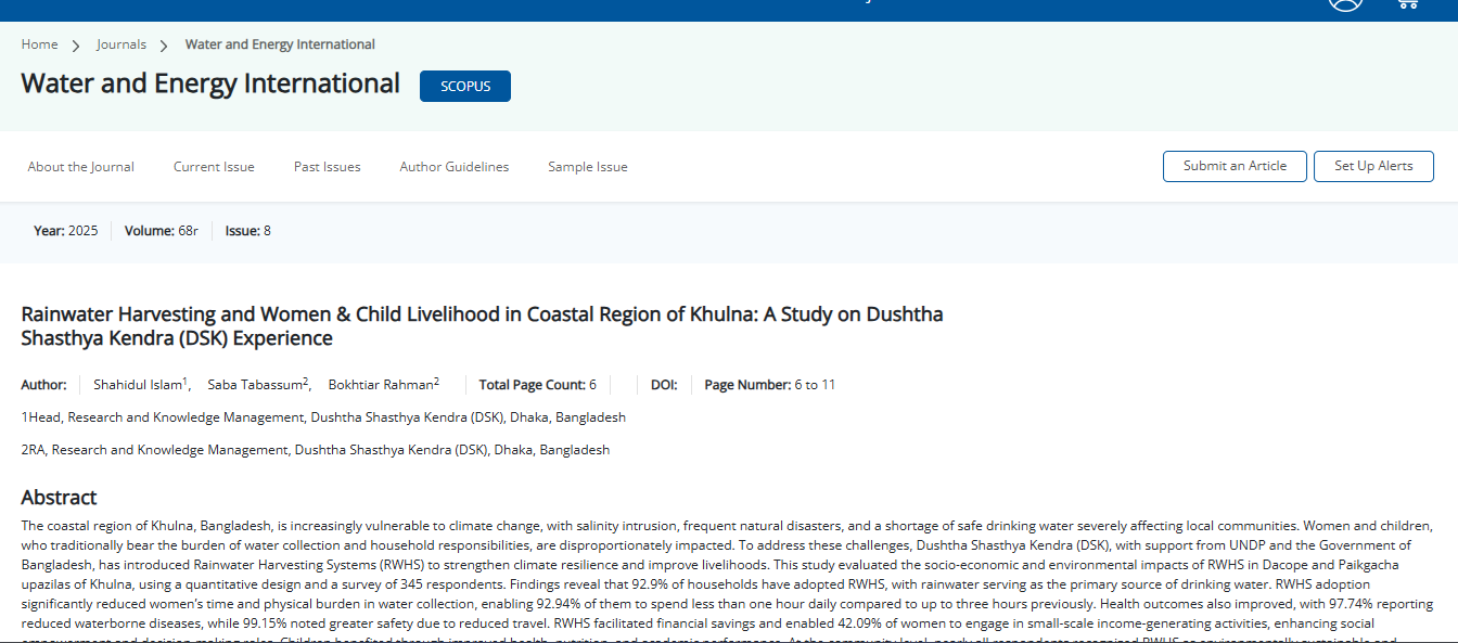 Rainwater Harvesting and Women & Child Livelihood in Coastal Region of Khulna: A Study on Dushtha Shasthya Kendra (DSK) Experience